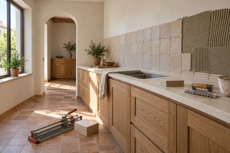 Visualización conceptual IA: Colocación de azulejos con separadores y adhesivo sobre una pared de cocina.