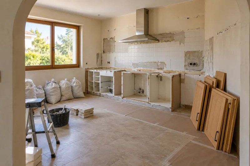 Visualización conceptual IA: Retirada de muebles y revestimientos al comienzo de una reforma de cocina.