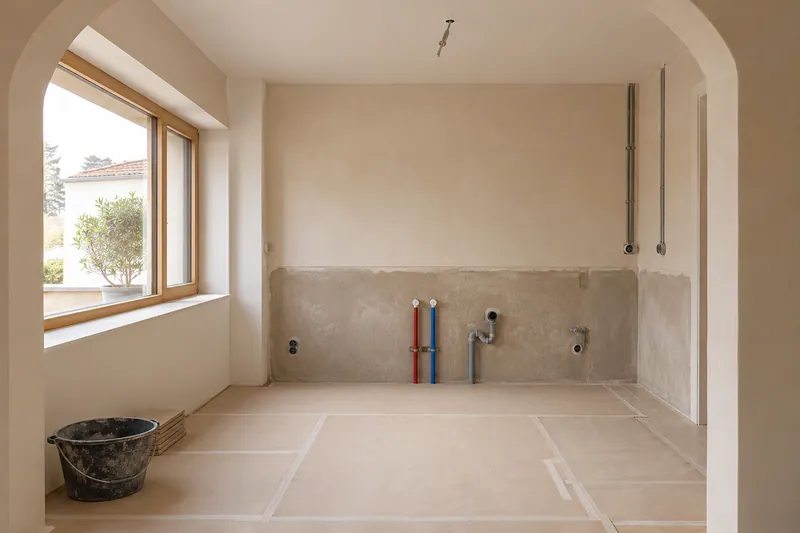 Visualización conceptual IA: Tuberías de suministro y desagüe durante la renovación de una cocina.
