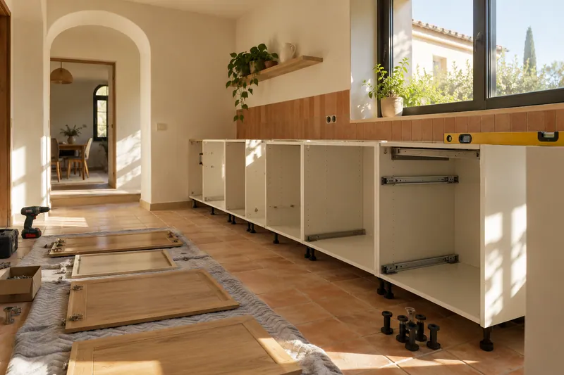 Visualización conceptual IA: Módulos de cocina en montaje con puertas pendientes de colocar.